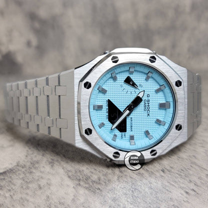 Casioak Mod Watch Silver Case Metal Strap Tiff Silver Time Mark Tiff Blue Dial 44mm- Casioak Mod Casio G-Shock Royal Oak Custom Mens Luxury Watches Ga2100