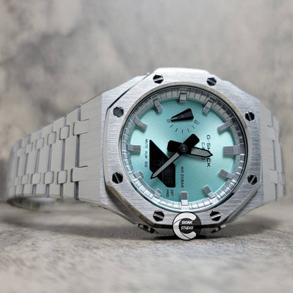 Casioak Mod Watch Silver Case Metal Strap Tiff Silver Time Mark Tiff Blue Dial 44mm- Casioak Mod Casio G-Shock Royal Oak Custom Mens Luxury Watches Ga2100