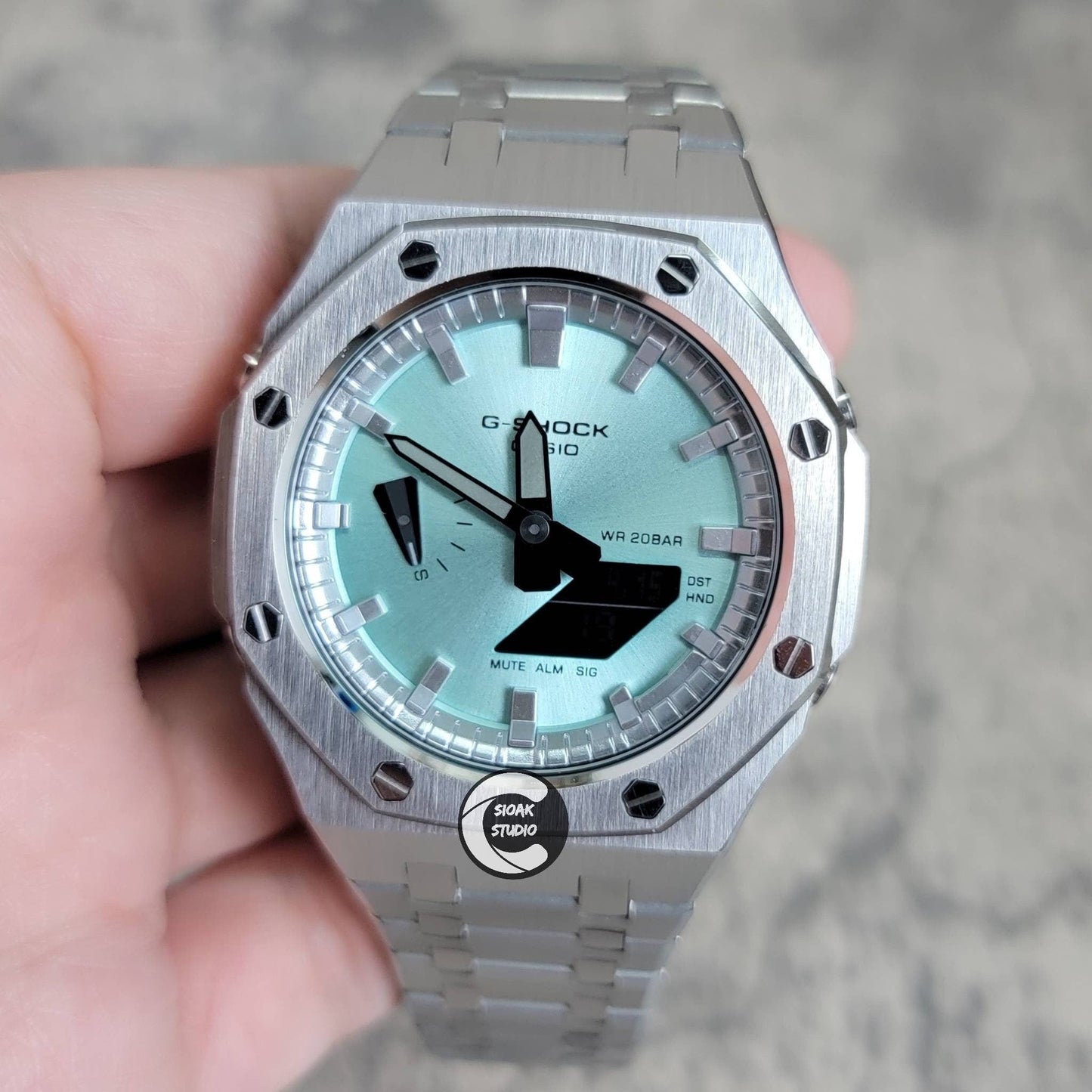 Casioak Mod Watch Silver Case Metal Strap Tiff Silver Time Mark Tiff Blue Dial 44mm- Casioak Mod Casio G-Shock Royal Oak Custom Mens Luxury Watches Ga2100