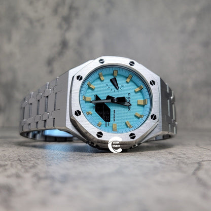 Casioak Mod Watch Silver Case Metal Strap Tiff Silver Time Mark Tiff Blue Dial 44mm- Casioak Mod Casio G-Shock Royal Oak Custom Mens Luxury Watches Ga2100