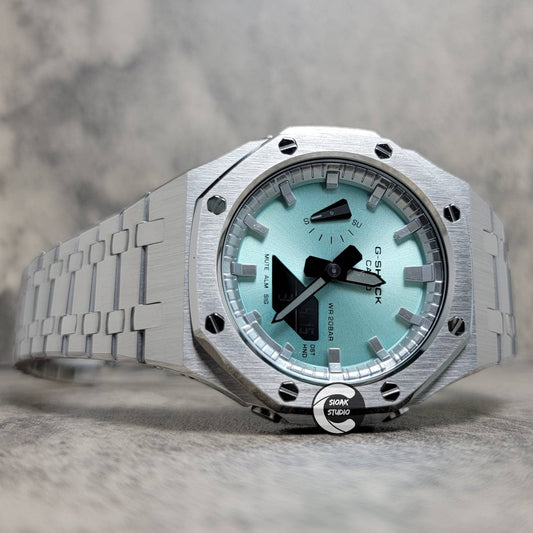 Casioak Mod Watch Silver Case Metal Strap Tiff Silver Time Mark Tiff Blue Dial 44mm- Casioak Mod Casio G-Shock Royal Oak Custom Mens Luxury Watches Ga2100