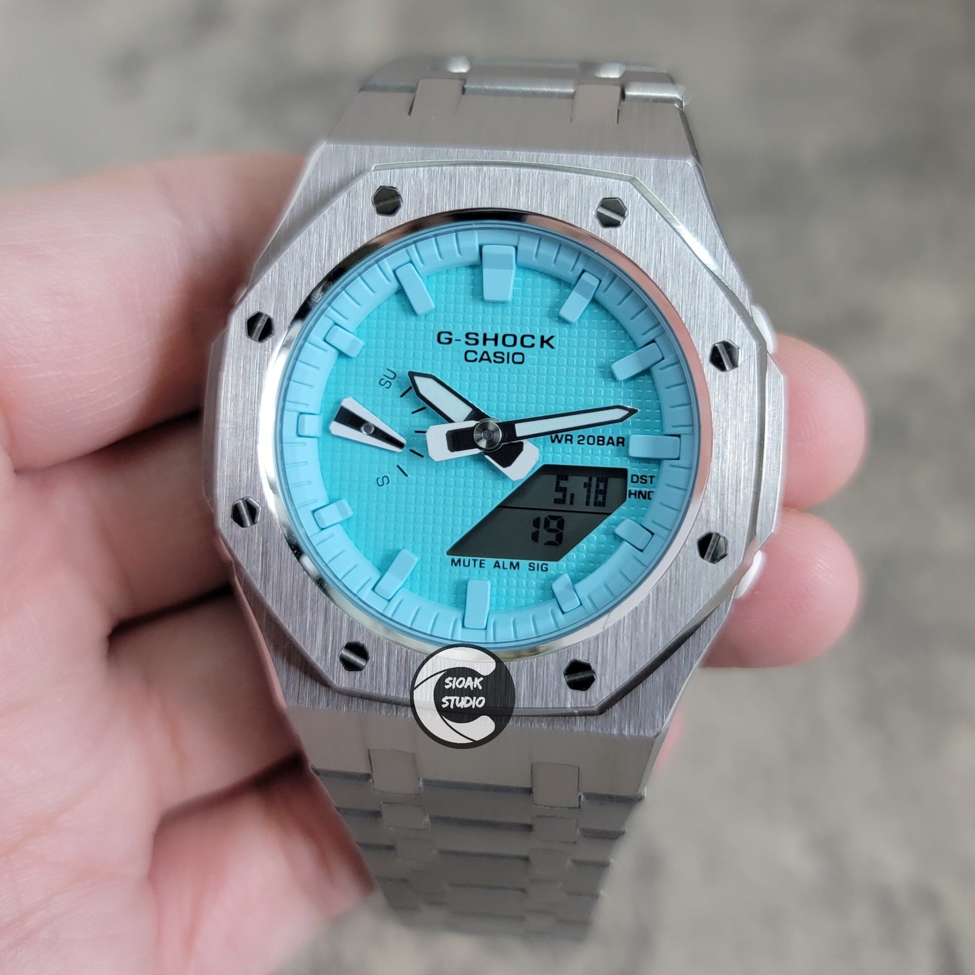 Casioak Mod Watch Silver Case Metal Strap Tiff Time Mark Tiff Blue Dial 42mm- Casioak Mod Casio G-Shock Royal Oak Custom Mens Luxury Watches Ga2100