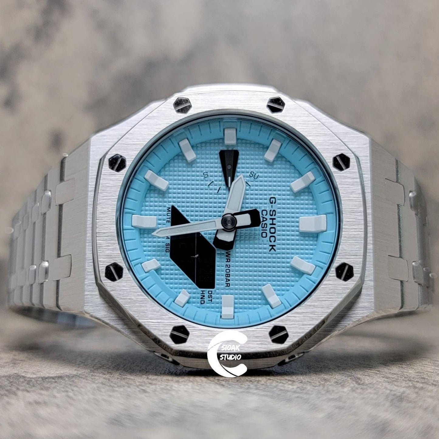 Casioak Mod Watch Silver Case Metal Strap Tiff White Time Mark Tiff Blue Dial 44mm- Casioak Mod Casio G-Shock Royal Oak Custom Mens Luxury Watches Ga2100