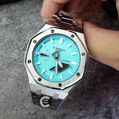 Casioak Mod Watch Silver Case Metal Strap Tiff White Time Mark Tiff Blue Dial 44mm- Casioak Mod Casio G-Shock Royal Oak Custom Mens Luxury Watches Ga2100