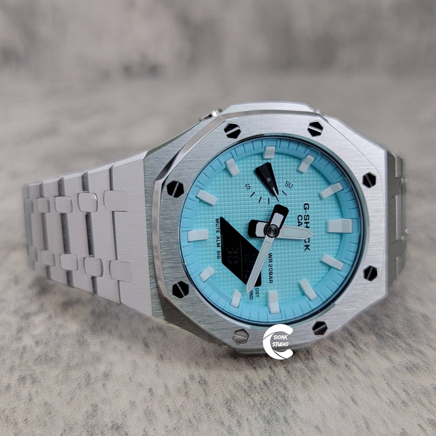 Casioak Mod Watch Silver Case Metal Strap Tiff White Time Mark Tiff Blue Dial 44mm- Casioak Mod Casio G-Shock Royal Oak Custom Mens Luxury Watches Ga2100