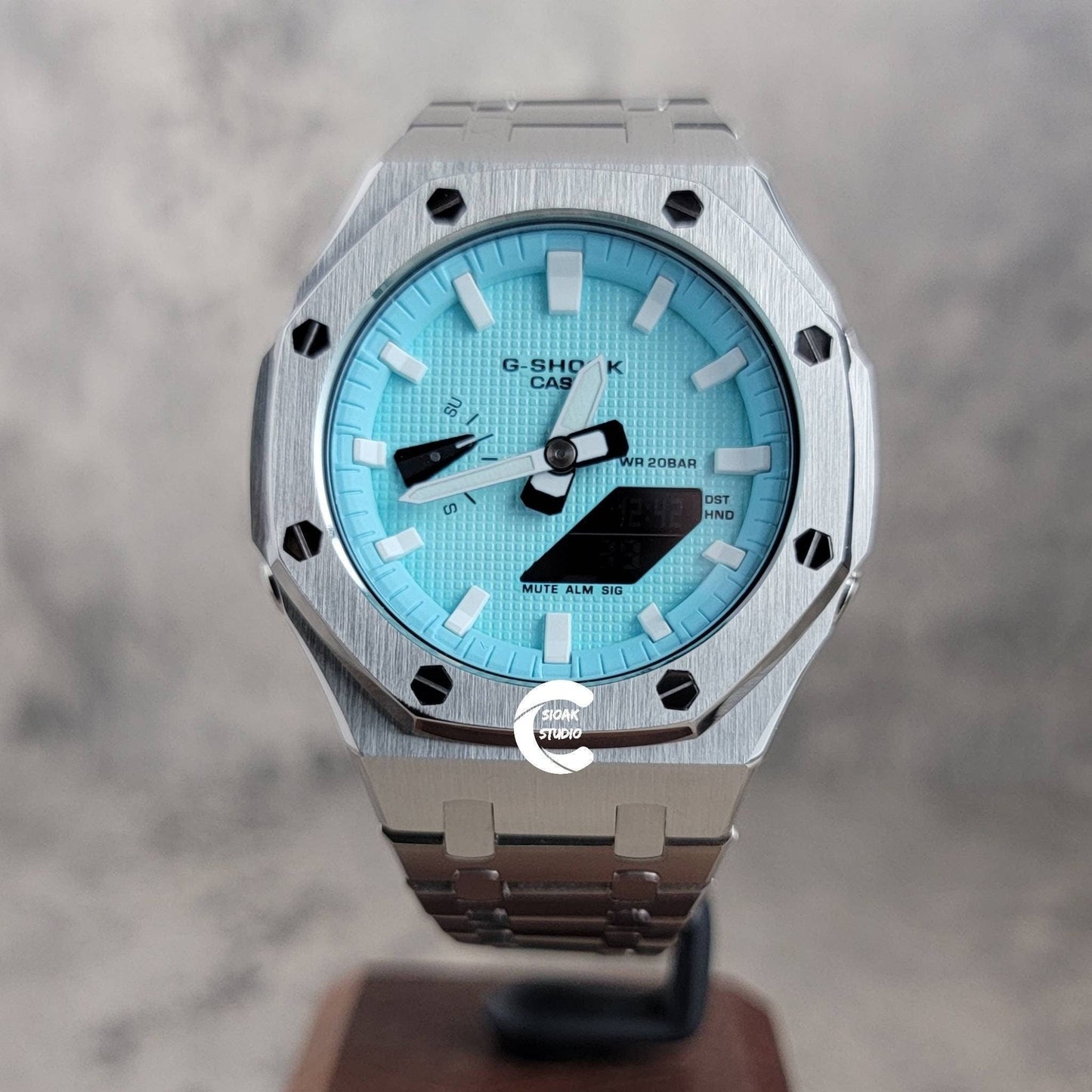 Casioak Mod Watch Silver Case Metal Strap Tiff White Time Mark Tiff Blue Dial 44mm- Casioak Mod Casio G-Shock Royal Oak Custom Mens Luxury Watches Ga2100