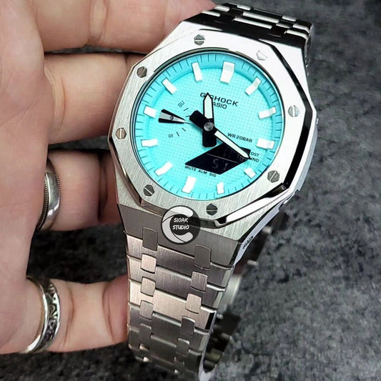 Casioak Mod Watch Silver Case Metal Strap Tiff White Time Mark Tiff Blue Dial 44mm- Casioak Mod Casio G-Shock Royal Oak Custom Mens Luxury Watches Ga2100