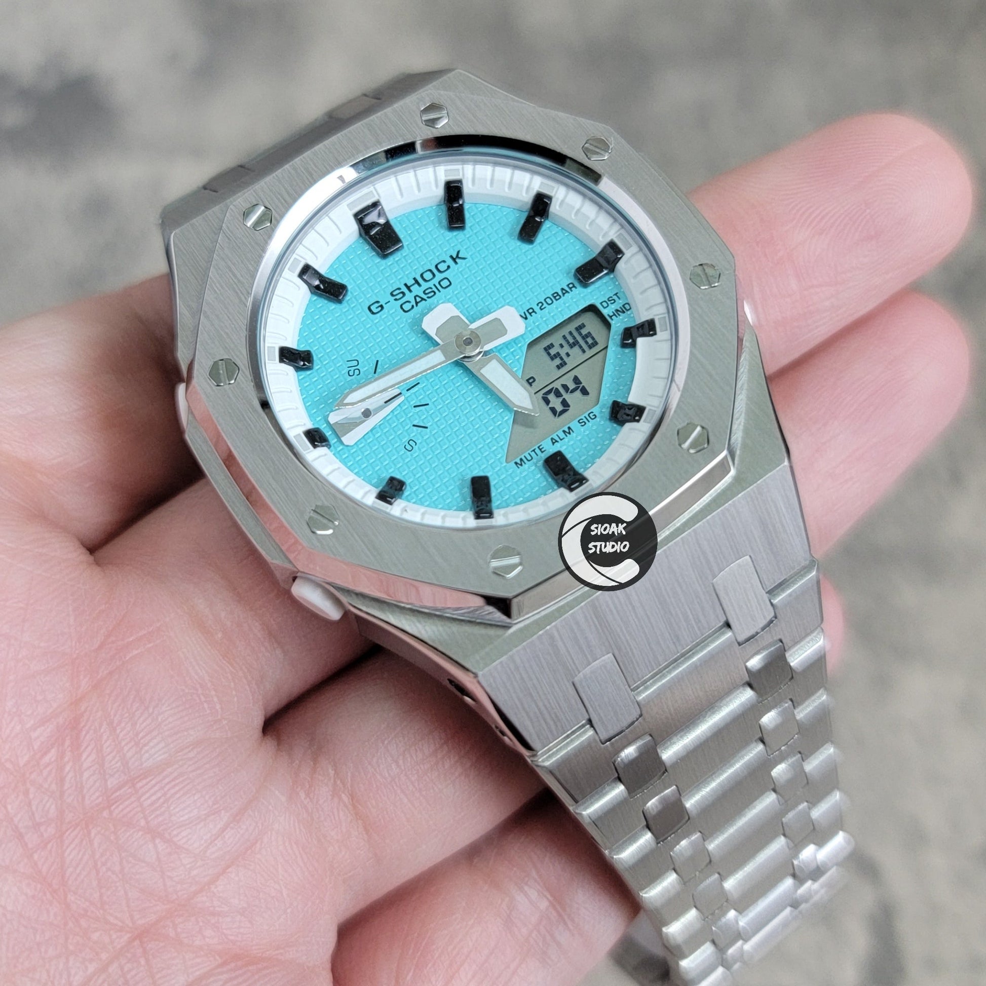 Casioak Mod Watch Silver Case Metal Strap White Black Time Mark Tiff Blue Dial 42mm- Casioak Mod Casio G-Shock Royal Oak Custom Mens Luxury Watches Ga2100