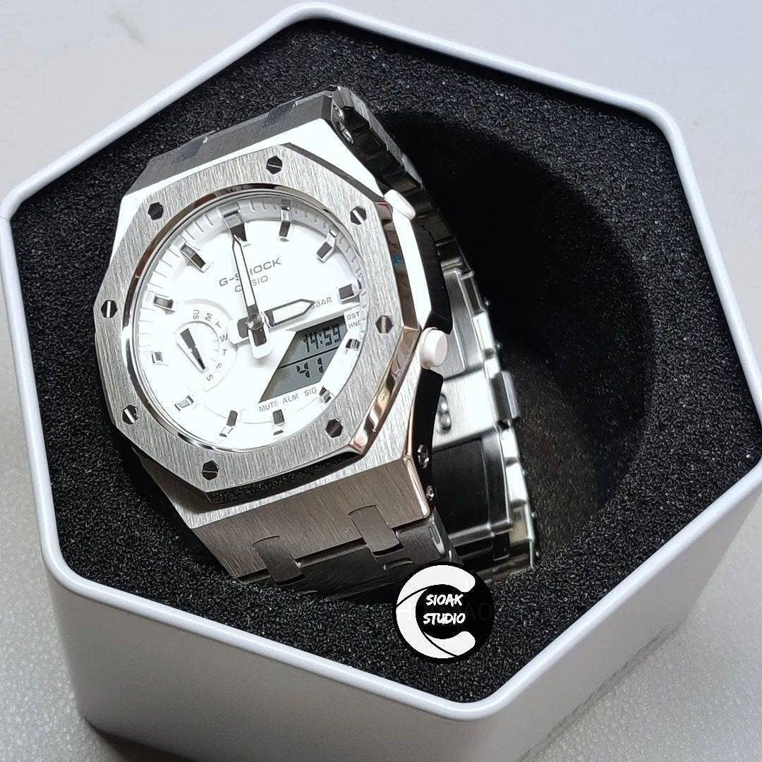 Casioak Mod Watch Silver Case Metal Strap White Silver Time Mark White Dial 42mm- Casioak Mod Casio G-Shock Royal Oak Custom Mens Luxury Watches Ga2100