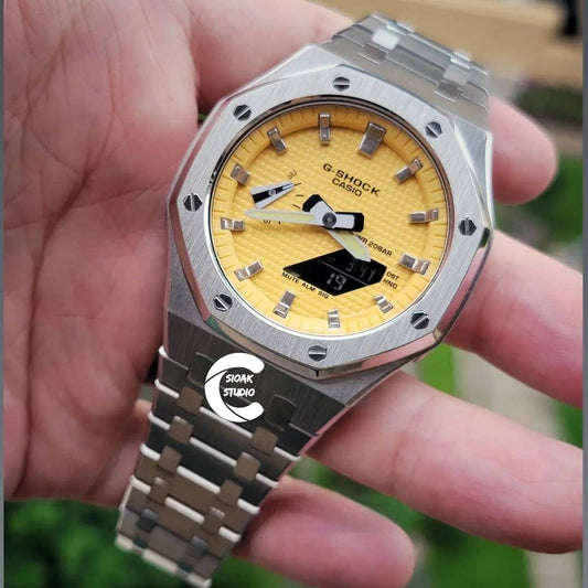 Casioak Mod Watch Silver Case Metal Strap Yellow Silver Time Mark Yellow Dial 44mm- Casioak Mod Casio G-Shock Royal Oak Custom Mens Luxury Watches Ga2100