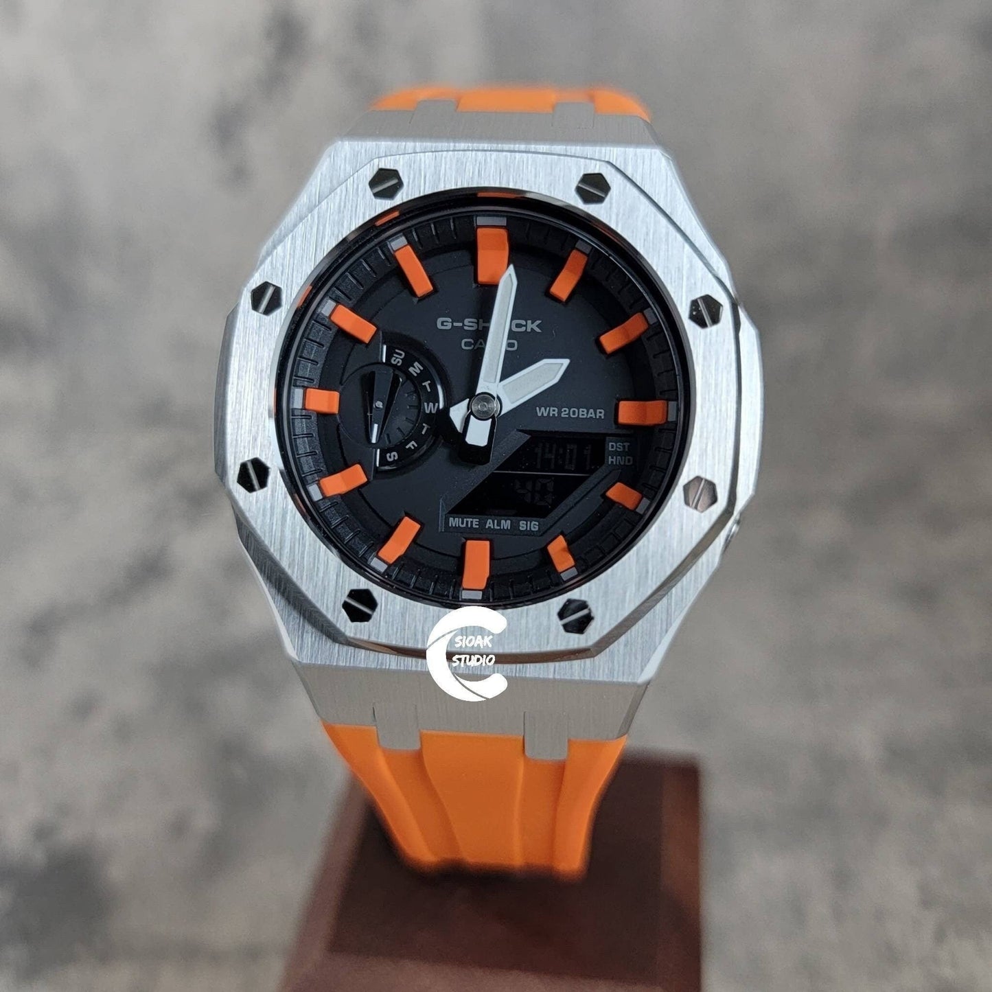 Casioak Mod Watch Silver Case Orange Rubber Strap Black Orange Time Mark Black Dial 44mm- Casioak Mod Casio G-Shock Royal Oak Custom Mens Luxury Watches Ga2100