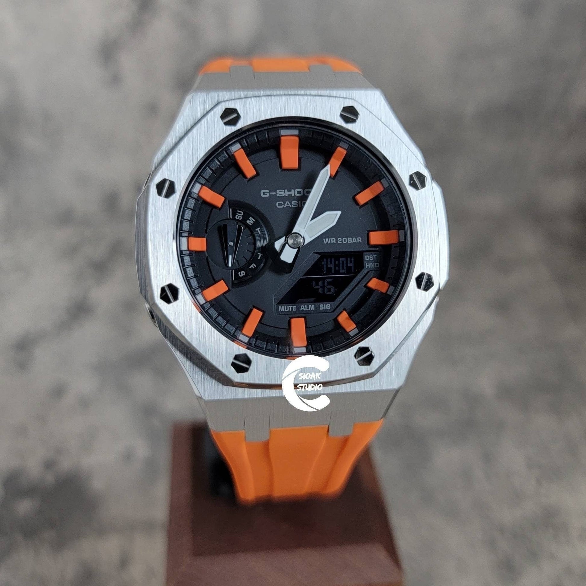 Casioak Mod Watch Silver Case Orange Rubber Strap Black Orange Time Mark Black Dial 44mm- Casioak Mod Casio G-Shock Royal Oak Custom Mens Luxury Watches Ga2100