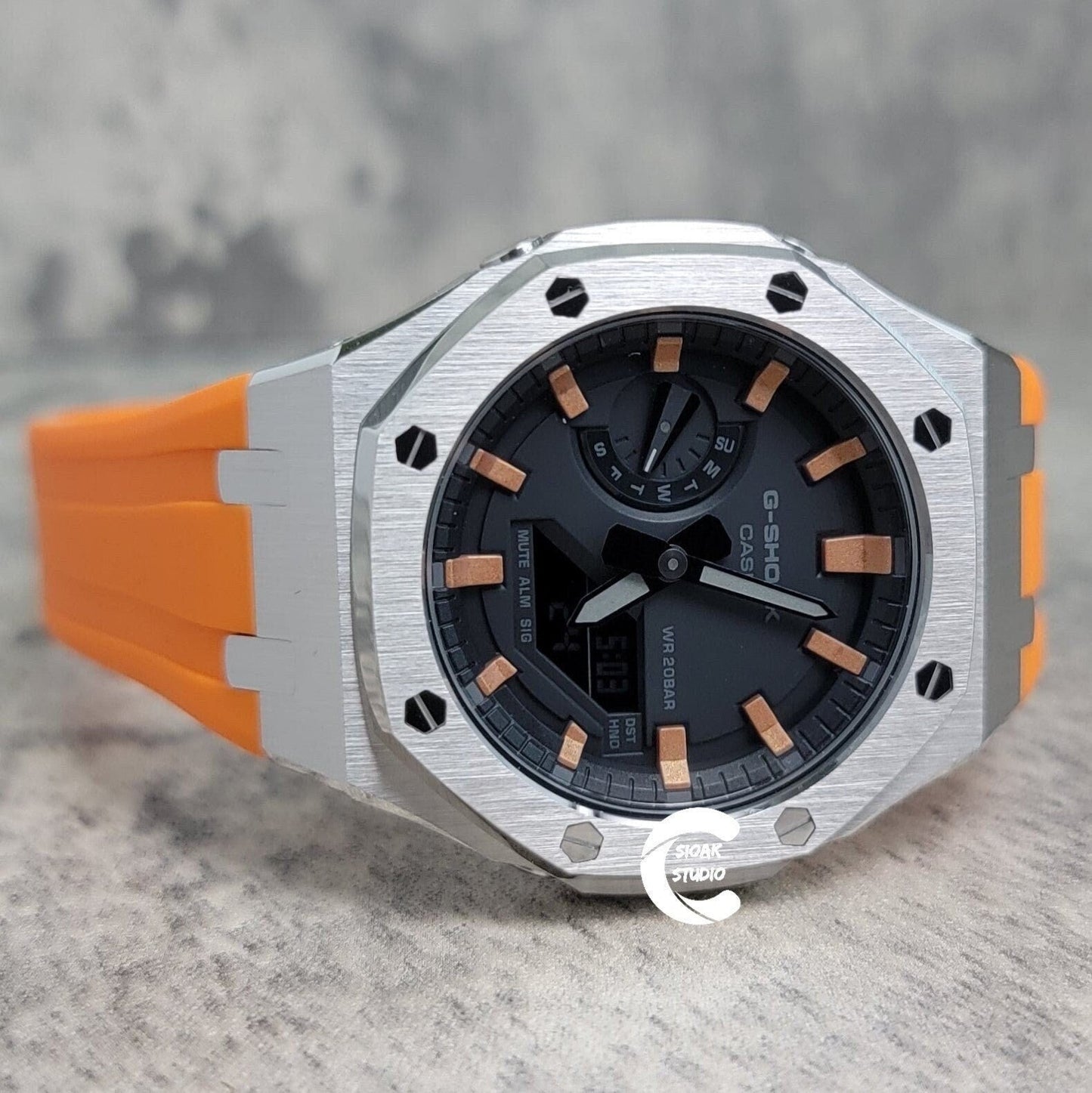 Casioak Mod Watch Silver Case Orange Rubber Strap Black Rose Gold Time Mark Black Dial 44mm- Casioak Mod Casio G-Shock Royal Oak Custom Mens Luxury Watches Ga2100