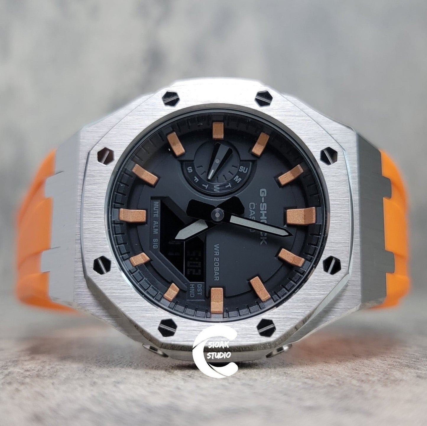 Casioak Mod Watch Silver Case Orange Rubber Strap Black Rose Gold Time Mark Black Dial 44mm- Casioak Mod Casio G-Shock Royal Oak Custom Mens Luxury Watches Ga2100