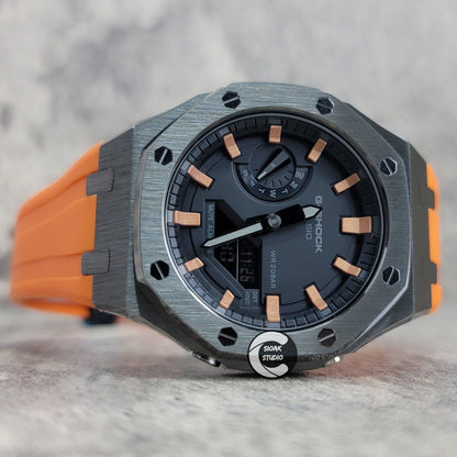 Casioak Mod Watch Silver Case Orange Rubber Strap Black Rose Gold Time Mark Black Dial 44mm- Casioak Mod Casio G-Shock Royal Oak Custom Mens Luxury Watches Ga2100