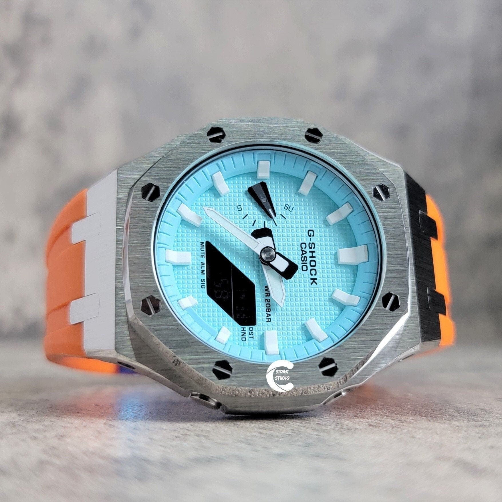 Casioak Mod Watch Silver Case Orange Rubber Strap Toffamy White Time Mark Tiff Blue Dial 44mm- Casioak Mod Casio G-Shock Royal Oak Custom Mens Luxury Watches Ga2100