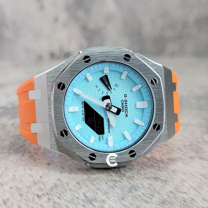 Casioak Mod Watch Silver Case Orange Rubber Strap Toffamy White Time Mark Tiff Blue Dial 44mm- Casioak Mod Casio G-Shock Royal Oak Custom Mens Luxury Watches Ga2100