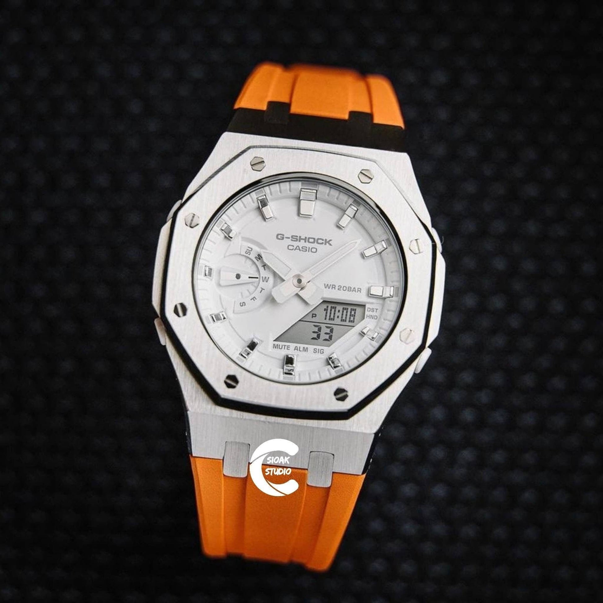 Casioak Mod Watch Silver Case Orange Rubber Strap White Silver Time Mark White Dial 42mm- Casioak Mod Casio G-Shock Royal Oak Custom Mens Luxury Watches Ga2100