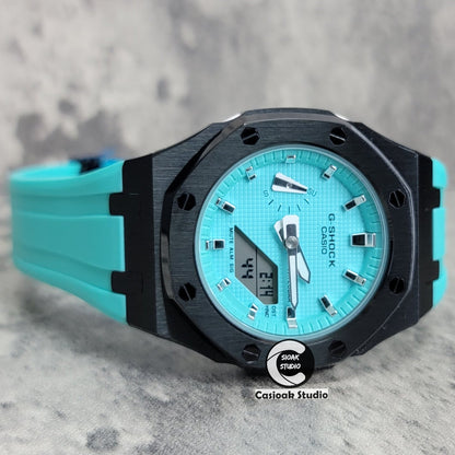 Casioak Mod Watch Silver Case Tiff Blue Rubber Strap Tiff Blue Silver Time Mark Tiff Blue Dial 42mm- Casioak Mod Casio G-Shock Royal Oak Custom Mens Luxury Watches Ga2100