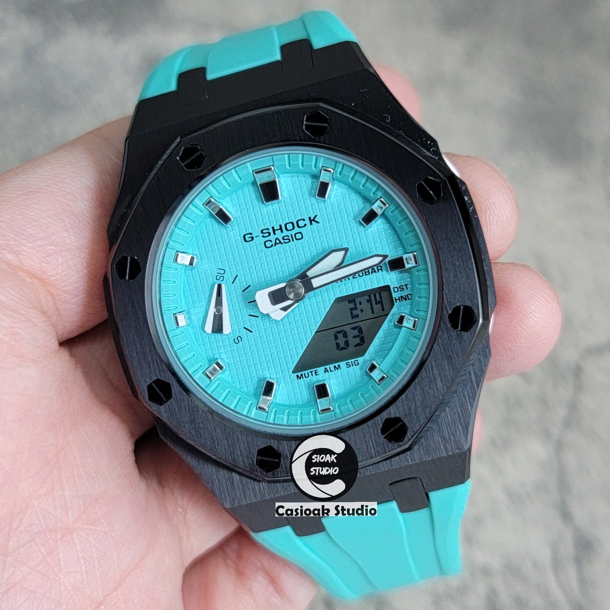 Casioak Mod Watch Silver Case Tiff Blue Rubber Strap Tiff Blue Silver Time Mark Tiff Blue Dial 42mm- Casioak Mod Casio G-Shock Royal Oak Custom Mens Luxury Watches Ga2100