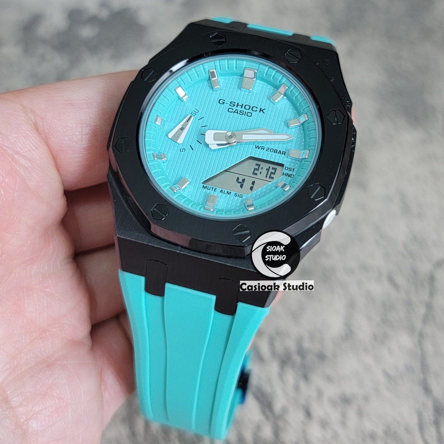 Casioak Mod Watch Silver Case Tiff Blue Rubber Strap Tiff Blue Silver Time Mark Tiff Blue Dial 42mm- Casioak Mod Casio G-Shock Royal Oak Custom Mens Luxury Watches Ga2100