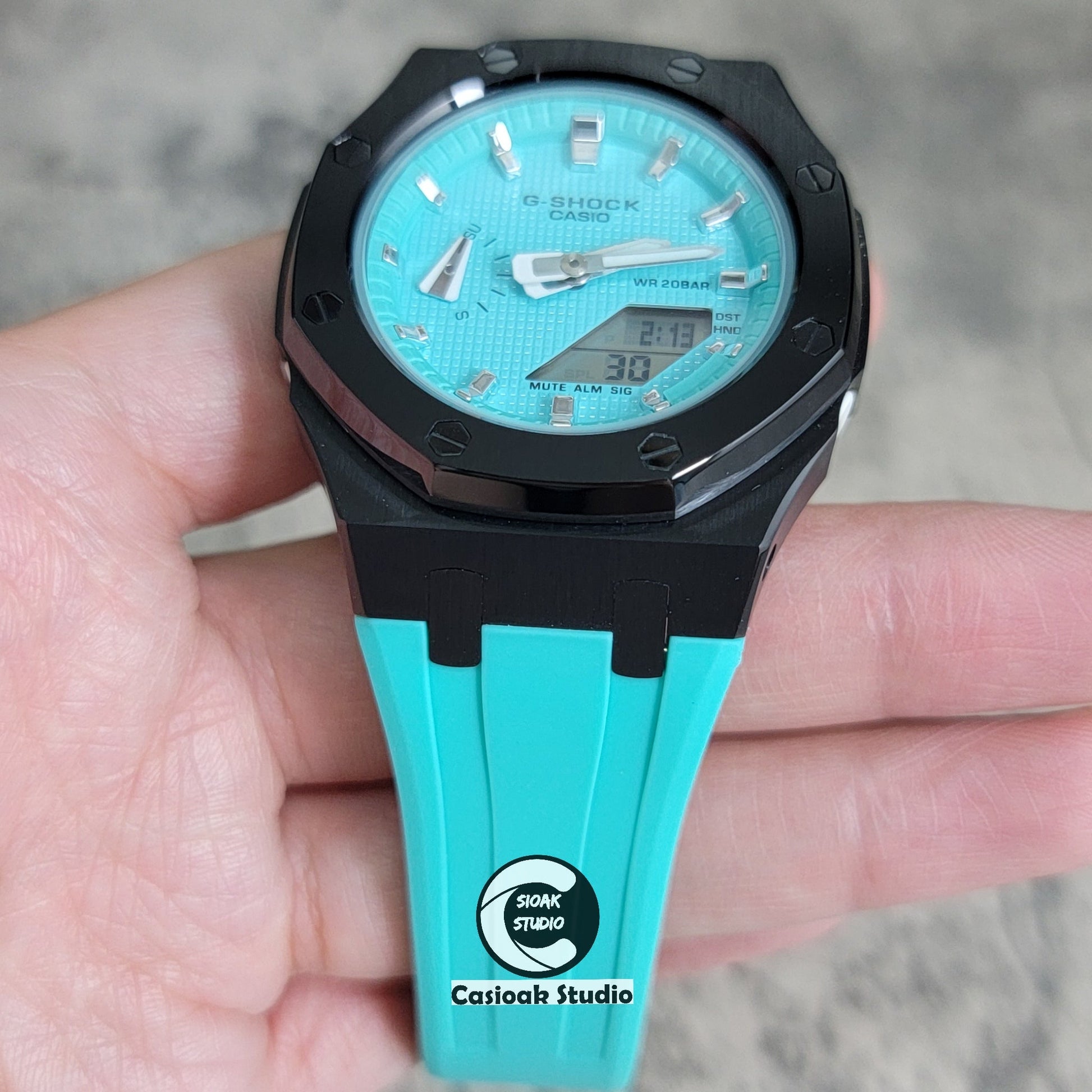 Casioak Mod Watch Silver Case Tiff Blue Rubber Strap Tiff Blue Silver Time Mark Tiff Blue Dial 42mm- Casioak Mod Casio G-Shock Royal Oak Custom Mens Luxury Watches Ga2100