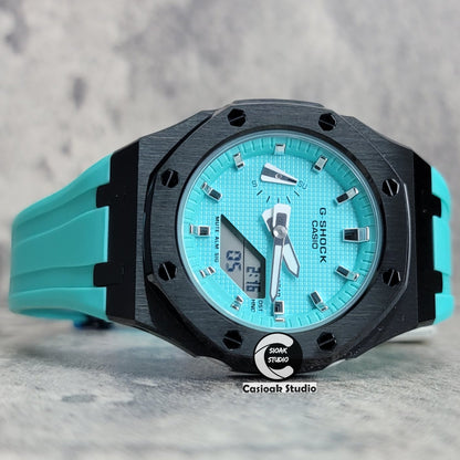 Casioak Mod Watch Silver Case Tiff Blue Rubber Strap Tiff Blue Silver Time Mark Tiff Blue Dial 42mm- Casioak Mod Casio G-Shock Royal Oak Custom Mens Luxury Watches Ga2100