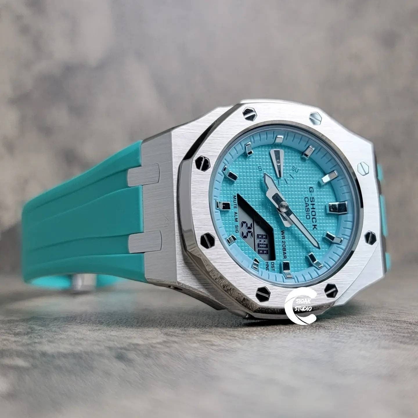 Casioak Mod Watch Silver Case Tiffany Rubber Strap Tiffany Silver Time Mark Tiffany Blue Dial 42mm - Casioak Studio