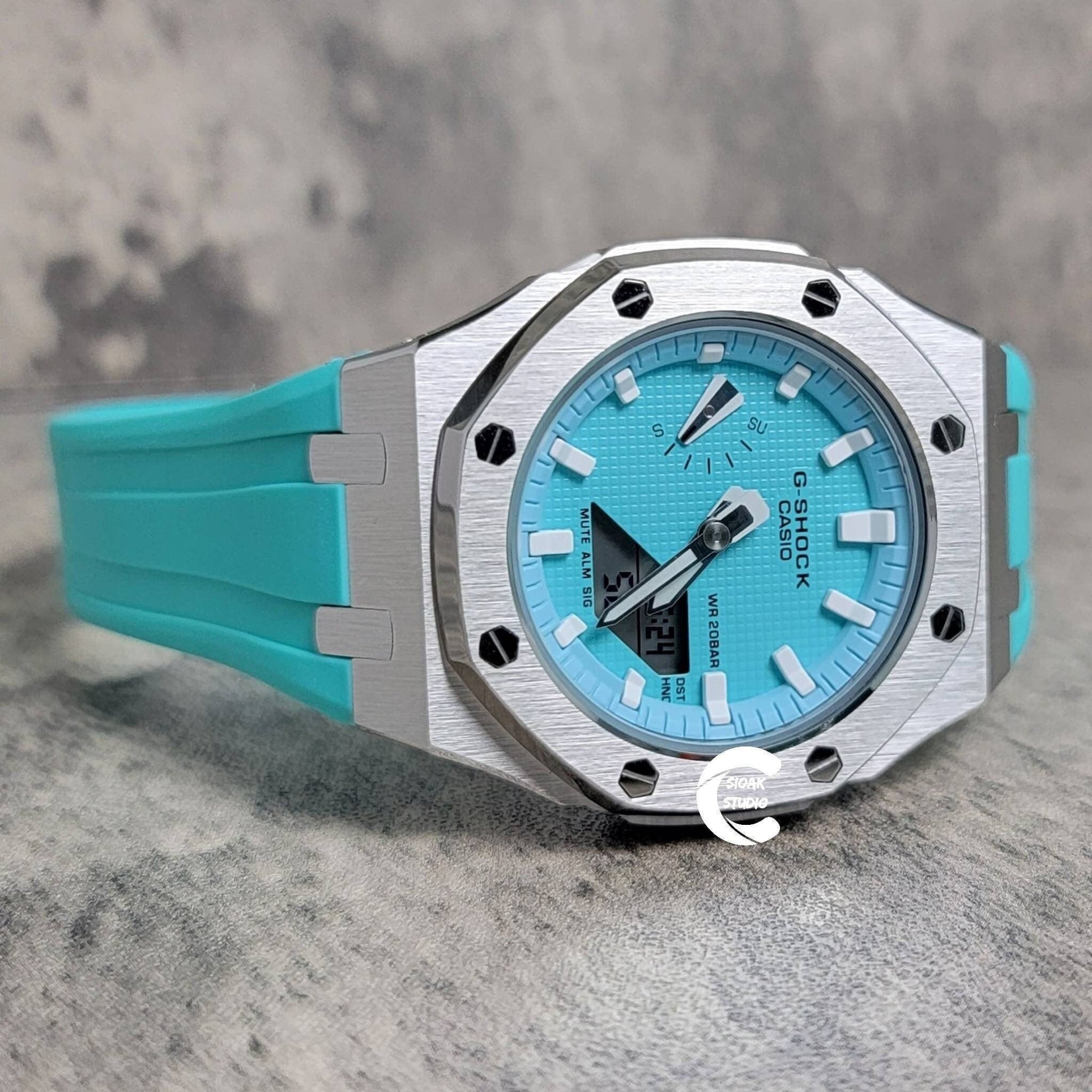 Casioak Mod Watch Silver Case Tiffany Rubber Strap Tiffany White Time Mark Tifdny Blue Dial 42mm - Casioak Studio