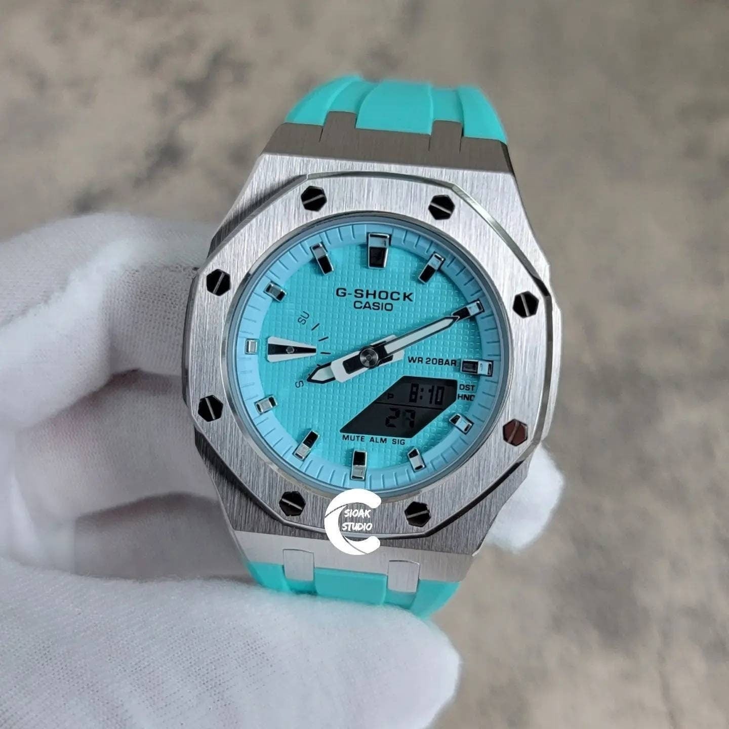 Casioak Mod Watch Silver Case Tiffany Rubber Strap Tiffany Silver Time Mark Tiffany Blue Dial 42mm- Casioak Mod Casio G-Shock Royal Oak Custom Mens Luxury Watches Ga2100