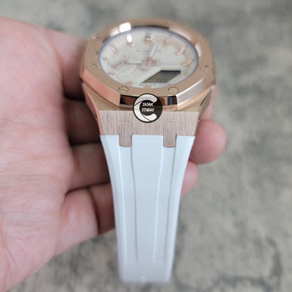 Casioak Mod Watch Silver Case White Rubber Strap Beige Rose Gold Time Mark Beige Dial 42mm- Casioak Mod Casio G-Shock Royal Oak Custom Mens Luxury Watches Ga2100