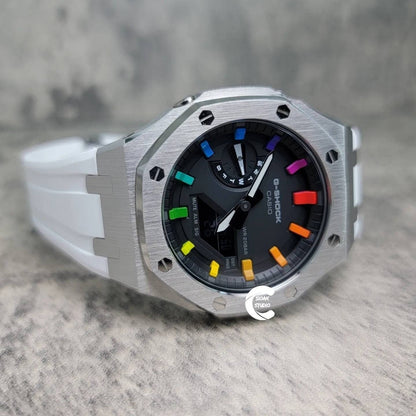 Casioak Mod Watch Silver Case White Rubber Strap Black Rainbow Time Mark Black Dial 44mm- Casioak Mod Casio G-Shock Royal Oak Custom Mens Luxury Watches Ga2100