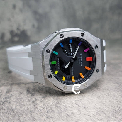 Casioak Mod Watch Silver Case White Rubber Strap Black Rainbow Time Mark Black Dial 44mm- Casioak Mod Casio G-Shock Royal Oak Custom Mens Luxury Watches Ga2100