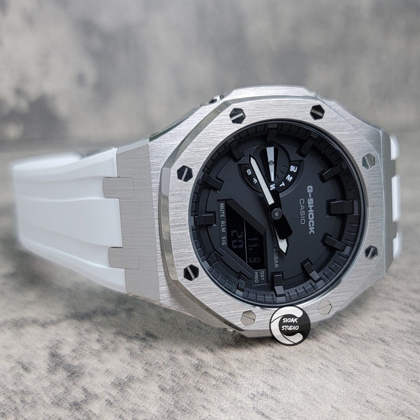 Casioak Mod Watch Silver Case White Rubber Strap Black Time Mark Black Dial 44mm- Casioak Mod Casio G-Shock Royal Oak Custom Mens Luxury Watches Ga2100