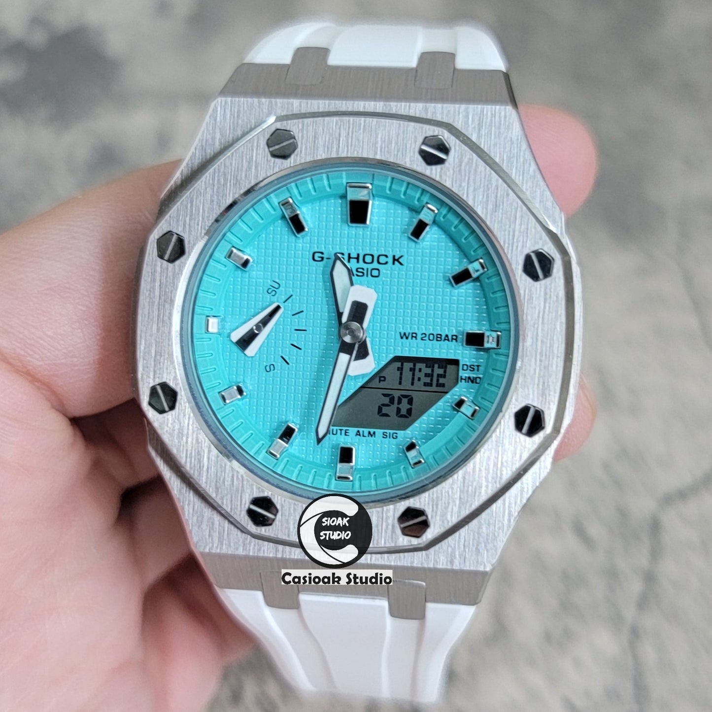 Casioak Mod Watch Silver Case White Rubber Strap Tiff Silver Time Mark Tiff Blue Dial 42mm 99999- Casioak Mod Casio G-Shock Royal Oak Custom Mens Luxury Watches Ga2100