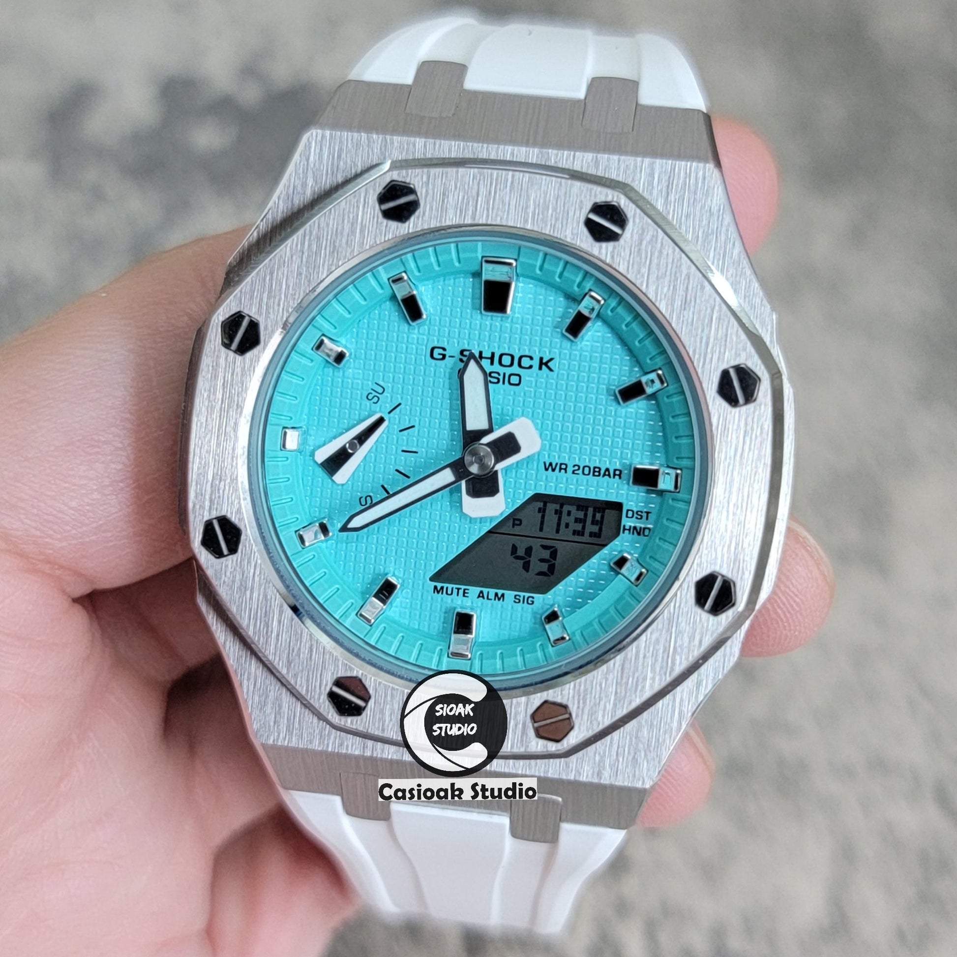 Casioak Mod Watch Silver Case White Rubber Strap Tiff Silver Time Mark Tiff Blue Dial 42mm 99999- Casioak Mod Casio G-Shock Royal Oak Custom Mens Luxury Watches Ga2100