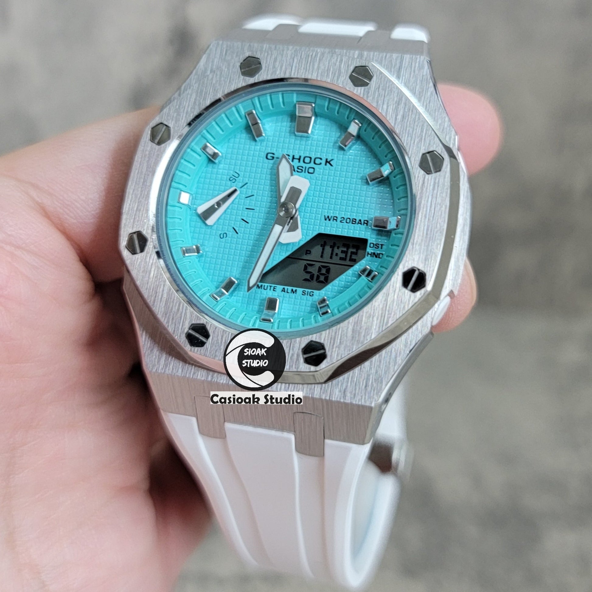 Casioak Mod Watch Silver Case White Rubber Strap Tiff Silver Time Mark Tiff Blue Dial 42mm 99999- Casioak Mod Casio G-Shock Royal Oak Custom Mens Luxury Watches Ga2100