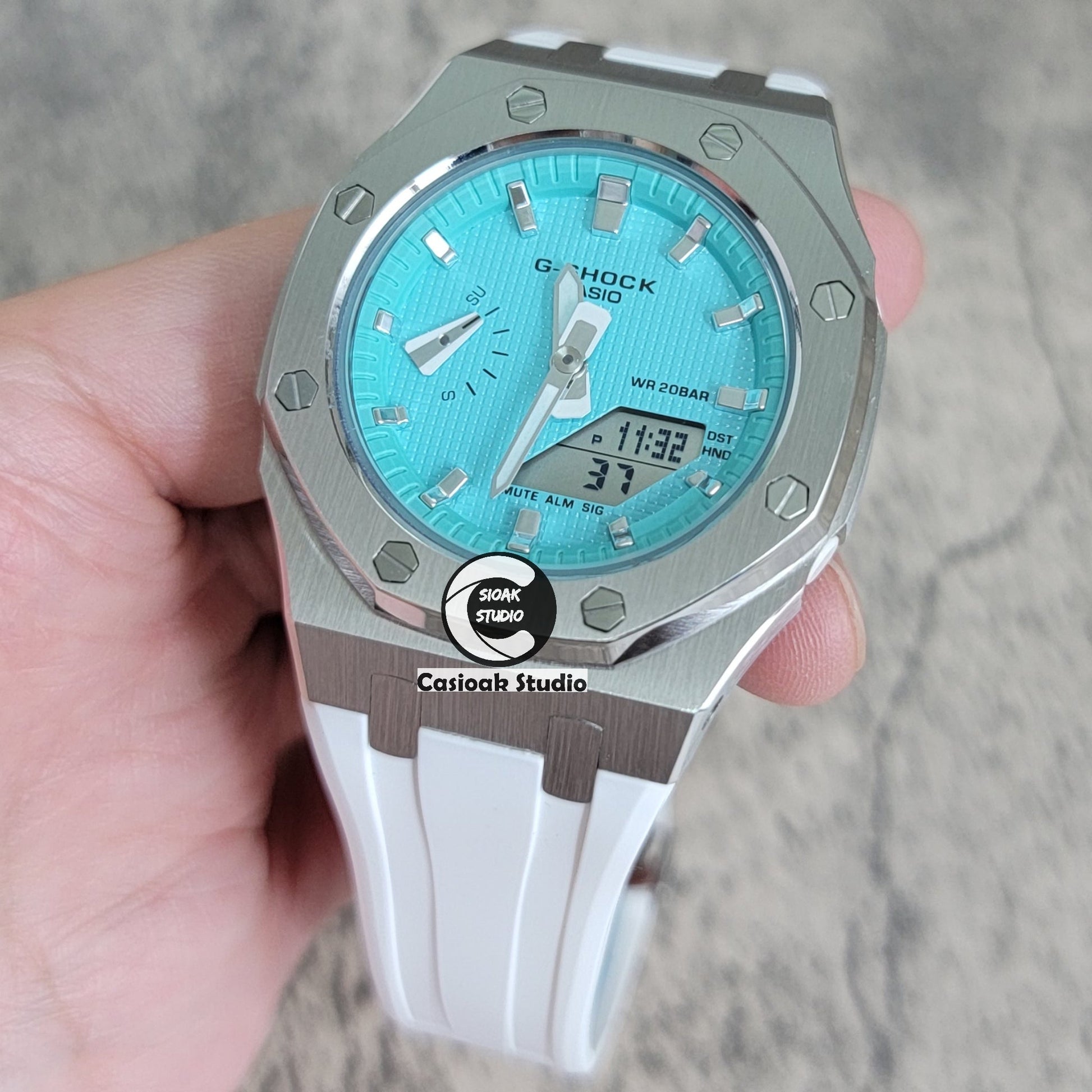 Casioak Mod Watch Silver Case White Rubber Strap Tiff Silver Time Mark Tiff Blue Dial 42mm 99999- Casioak Mod Casio G-Shock Royal Oak Custom Mens Luxury Watches Ga2100