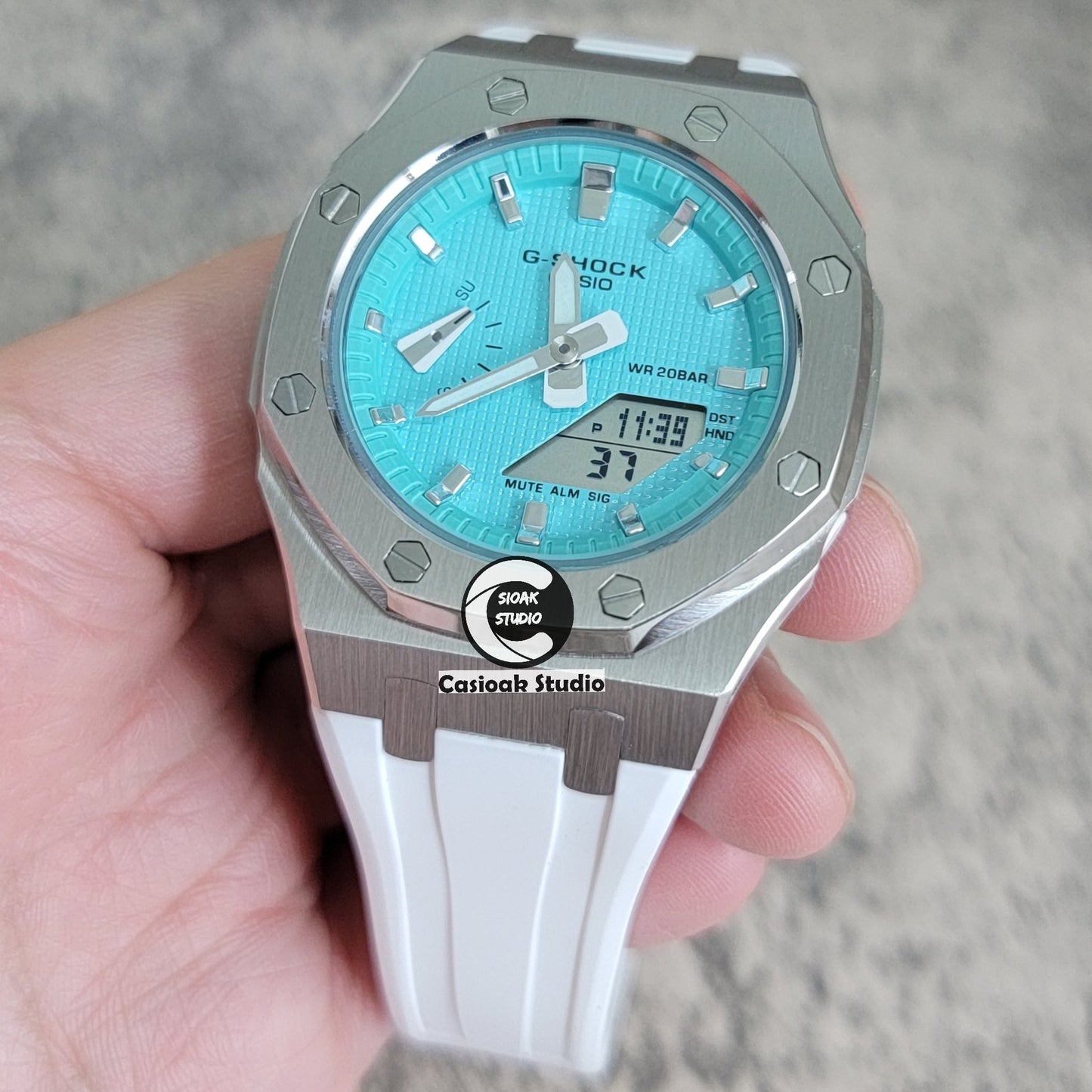 Casioak Mod Watch Silver Case White Rubber Strap Tiff Silver Time Mark Tiff Blue Dial 42mm- Casioak Mod Casio G-Shock Royal Oak Custom Mens Luxury Watches Ga2100