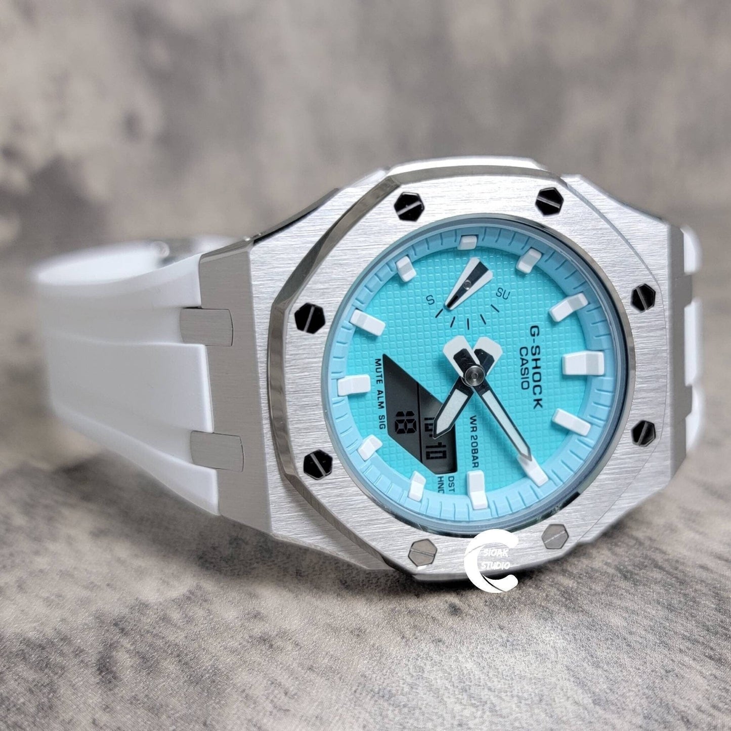 Casioak Mod Watch Silver Case White Rubber Strap Tiff White Time Mark Tiff Blue Dial 42mm- Casioak Mod Casio G-Shock Royal Oak Custom Mens Luxury Watches Ga2100