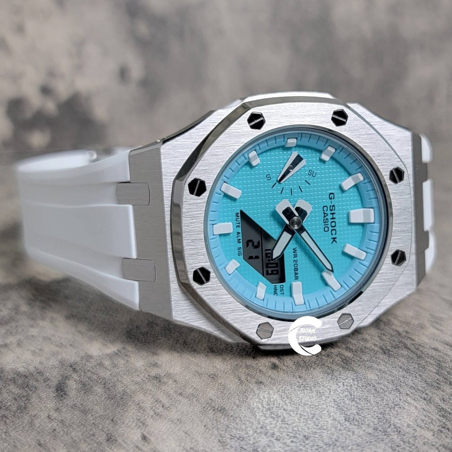 Casioak Mod Watch Silver Case White Rubber Strap Tiff White Time Mark Tiff Blue Dial 42mm- Casioak Mod Casio G-Shock Royal Oak Custom Mens Luxury Watches Ga2100