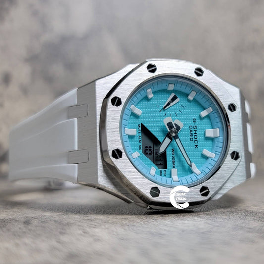 Casioak Mod Watch Silver Case White Rubber Strap Tiff White Time Mark Tiff Blue Dial 42mm- Casioak Mod Casio G-Shock Royal Oak Custom Mens Luxury Watches Ga2100