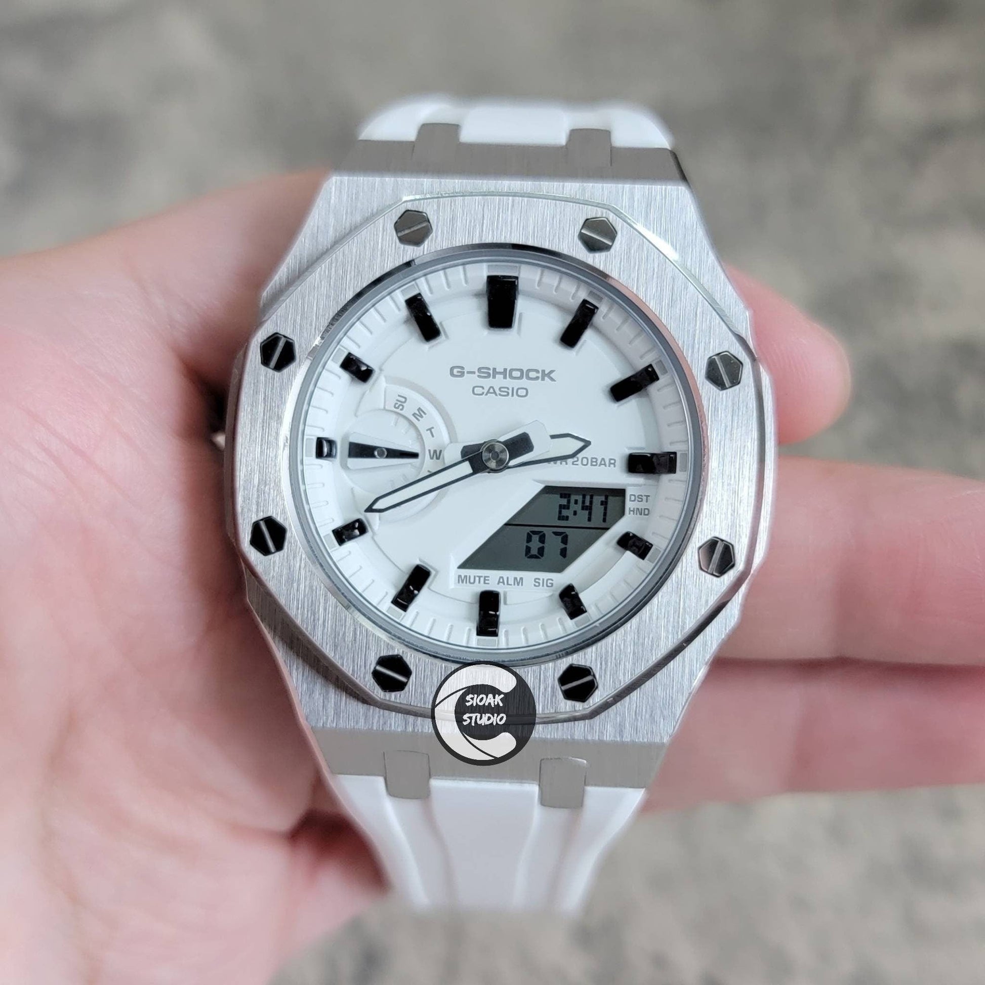 Casioak Mod Watch Silver Case White Rubber Strap White Black Time Mark White Dial 42mm- Casioak Mod Casio G-Shock Royal Oak Custom Mens Luxury Watches Ga2100