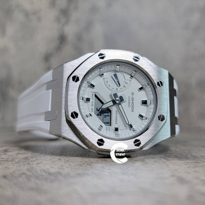 Casioak Mod Watch Silver Case White Rubber Strap White Silver Time Mark White Dial 42mm- Casioak Mod Casio G-Shock Royal Oak Custom Mens Luxury Watches Ga2100