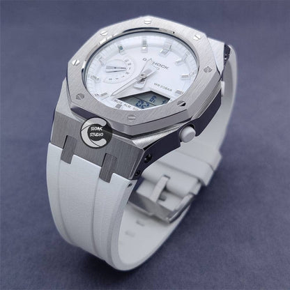 Casioak Mod Watch Silver Case White Rubber Strap White Silver Time Mark Whote Dial 42mm- Casioak Mod Casio G-Shock Royal Oak Custom Mens Luxury Watches Ga2100