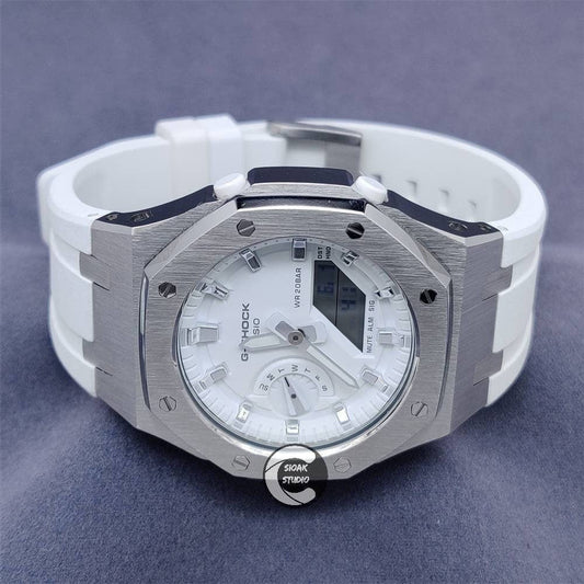 Casioak Mod Watch Silver Case White Rubber Strap White Silver Time Mark Whote Dial 42mm- Casioak Mod Casio G-Shock Royal Oak Custom Mens Luxury Watches Ga2100