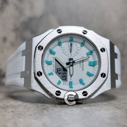 Casioak Mod Watch Silver Case White Rubber Strap White Tiff Time Mark White Dial 42mm- Casioak Mod Casio G-Shock Royal Oak Custom Mens Luxury Watches Ga2100