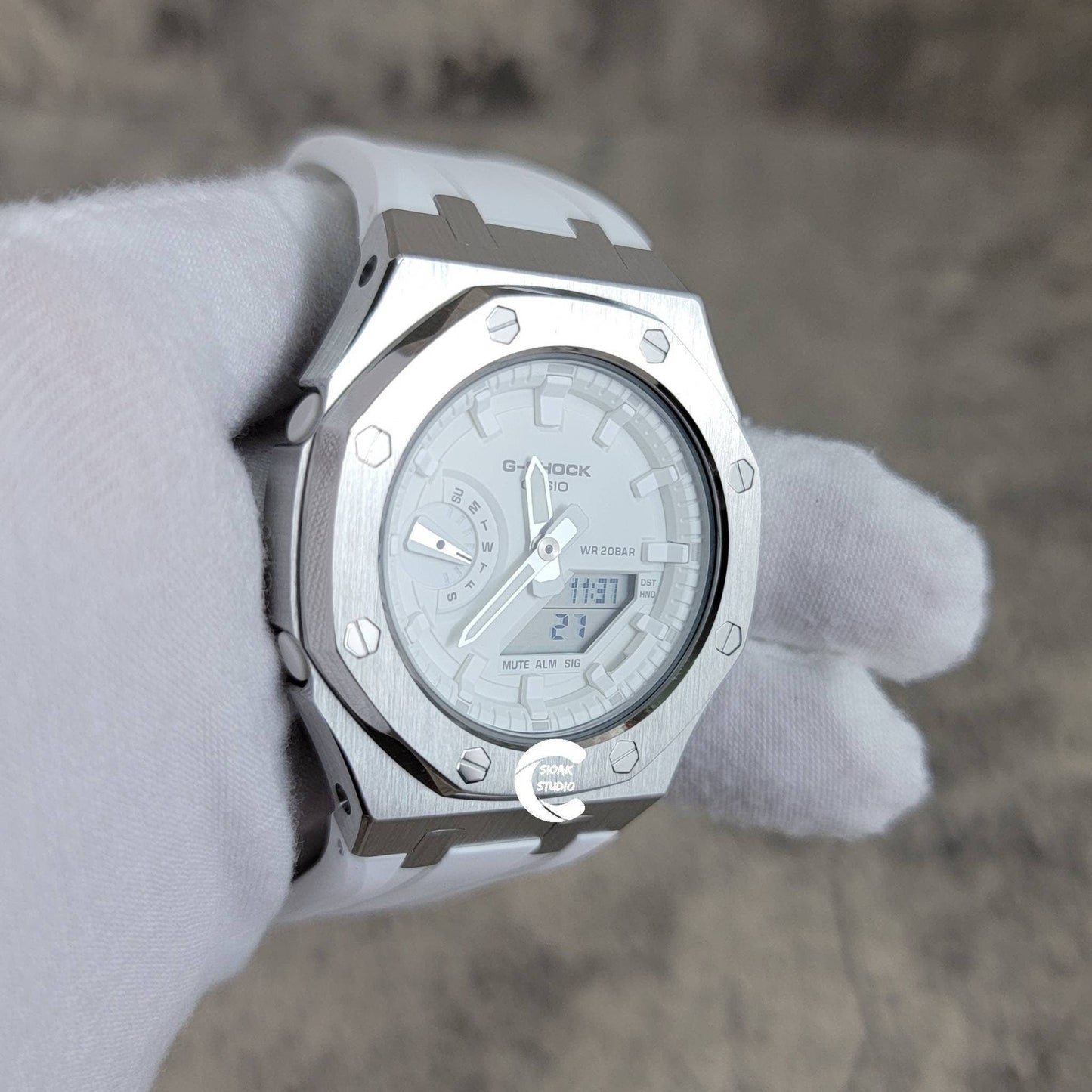 Casioak Mod Watch Silver Case White Rubber Strap White Time Mark White Dial 42mm- Casioak Mod Casio G-Shock Royal Oak Custom Mens Luxury Watches Ga2100