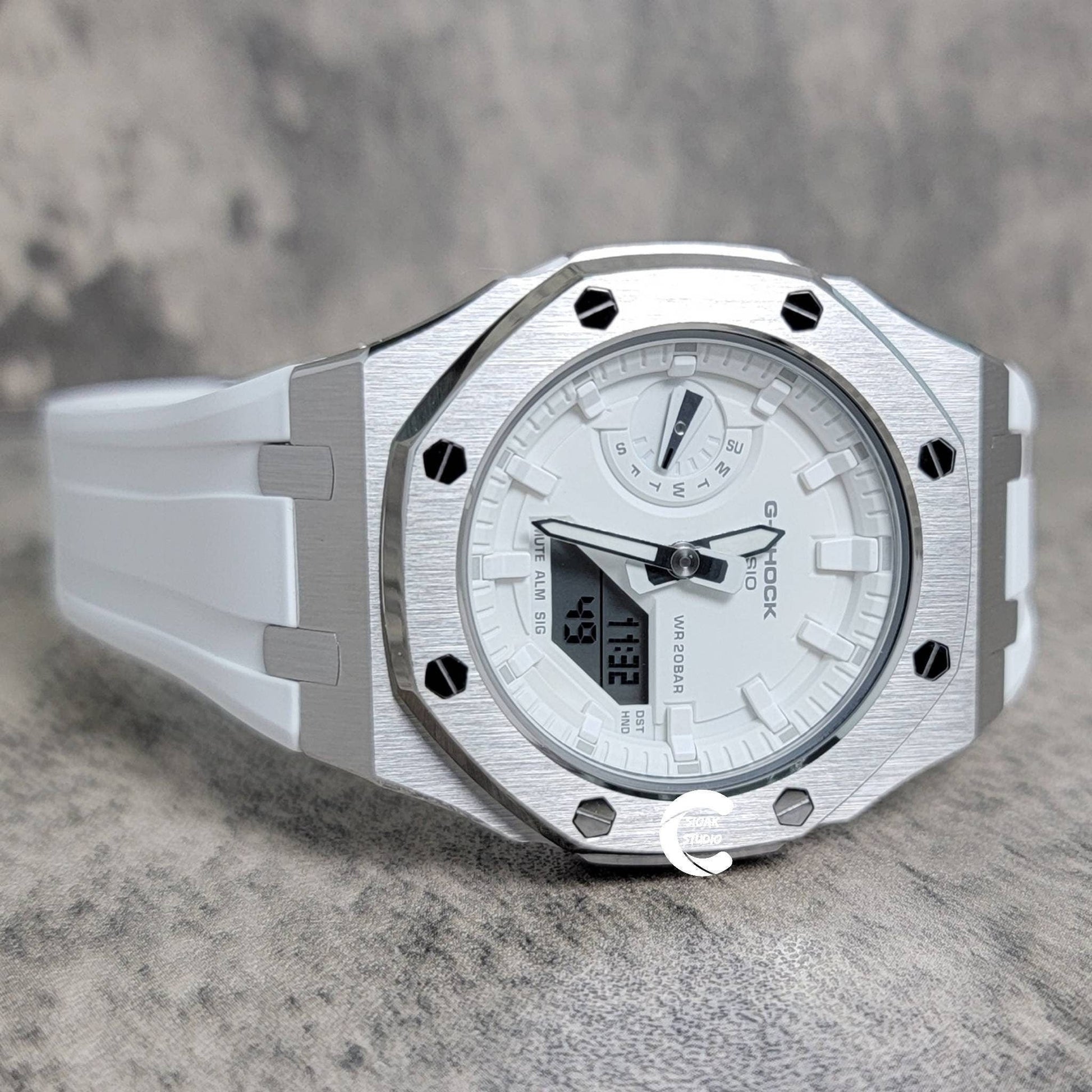 Casioak Mod Watch Silver Case White Rubber Strap White Time Mark White Dial 42mm- Casioak Mod Casio G-Shock Royal Oak Custom Mens Luxury Watches Ga2100