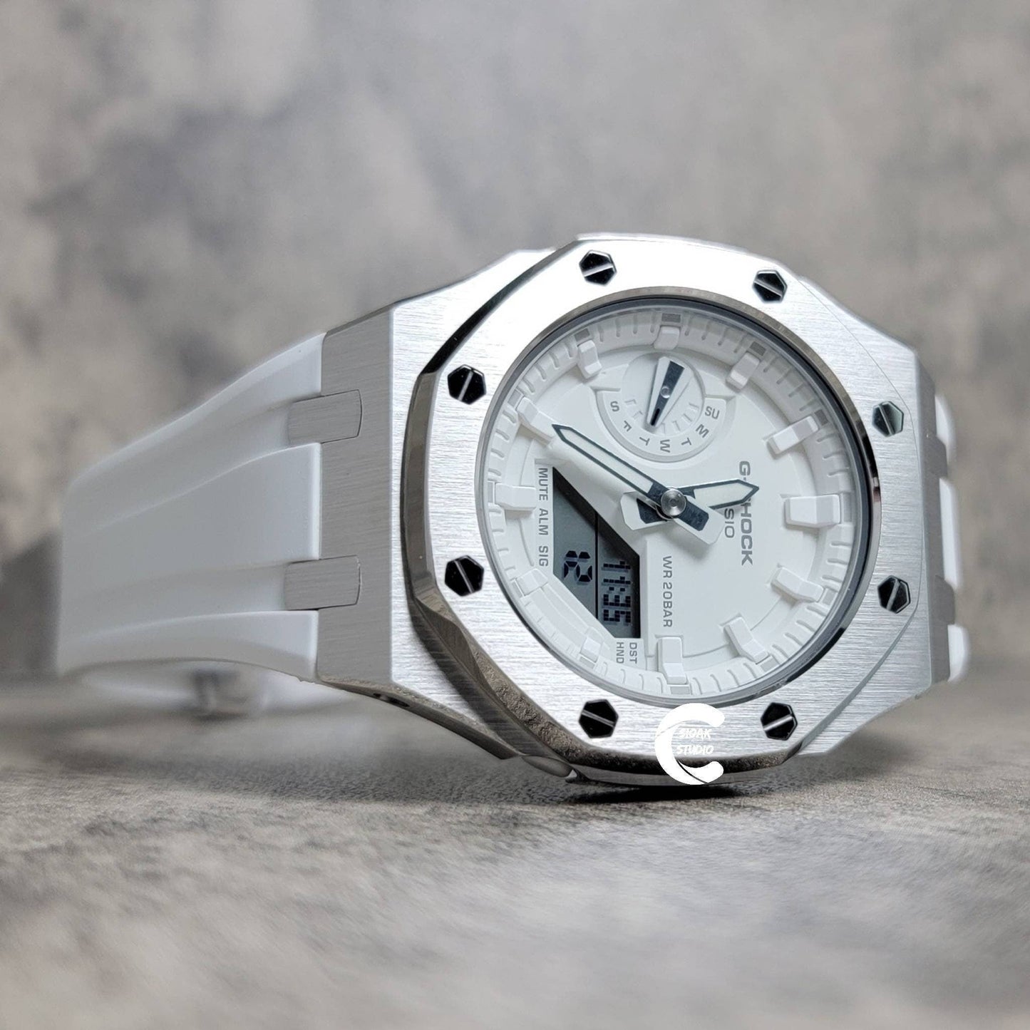 Casioak Mod Watch Silver Case White Rubber Strap White Time Mark White Dial 42mm- Casioak Mod Casio G-Shock Royal Oak Custom Mens Luxury Watches Ga2100